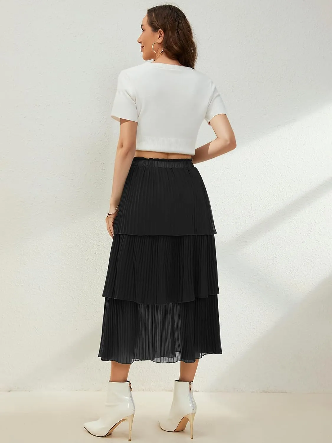 SENFURE Women's Elastic Waist - Chiffon Pleated A-Line Flowy Maxi Skirt