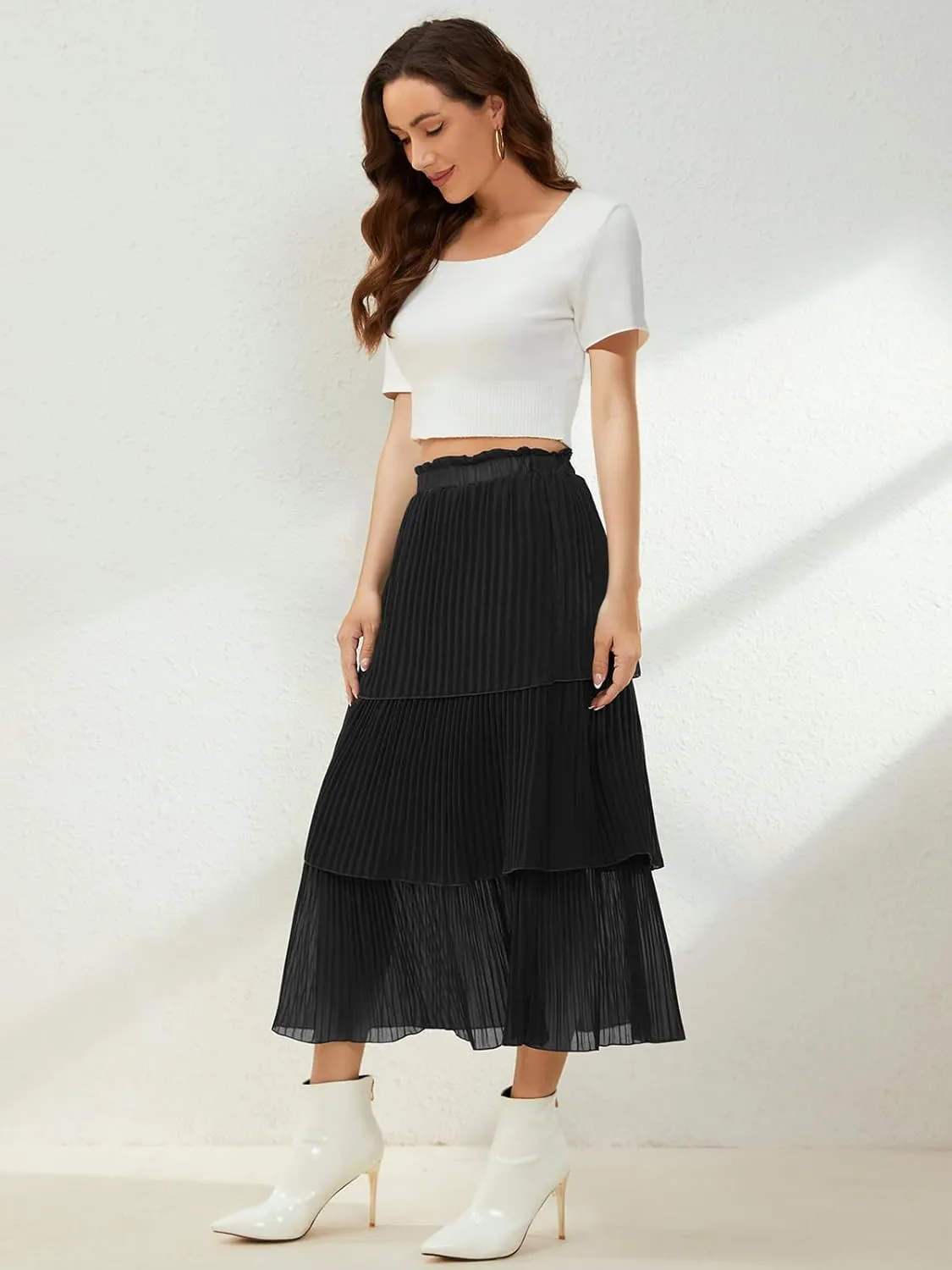 SENFURE Women's Elastic Waist - Chiffon Pleated A-Line Flowy Maxi Skirt