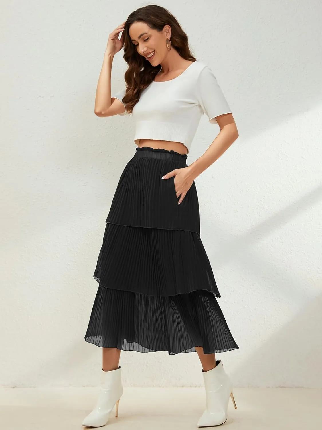 SENFURE Women's Elastic Waist - Chiffon Pleated A-Line Flowy Maxi Skirt