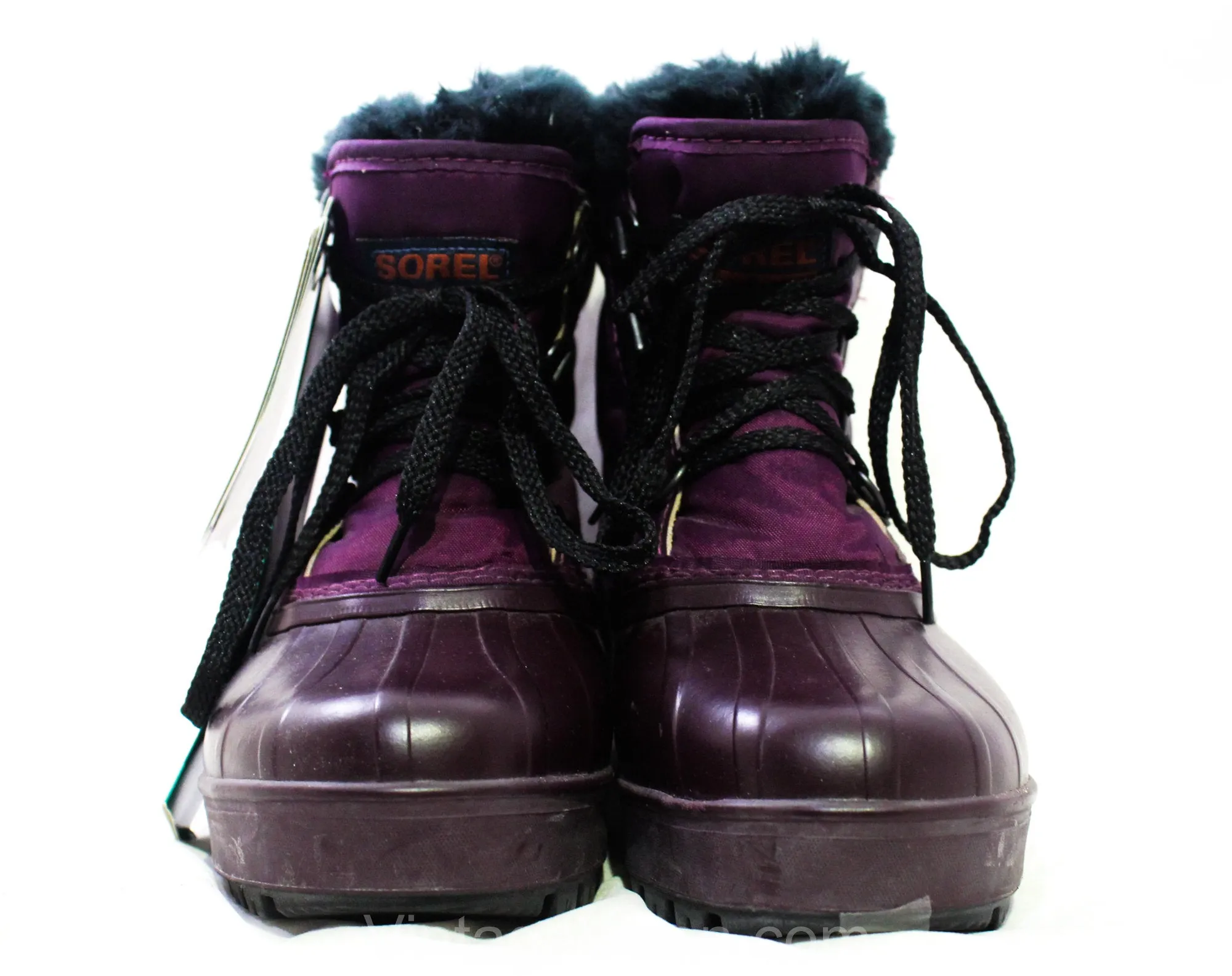 Size 7 Sorel Hiking Boots - 1990s Unworn Deadstock - Purple Canvas & Waterproof Rubber - Black Faux Fleece 90s Winter Wilderness Footwear