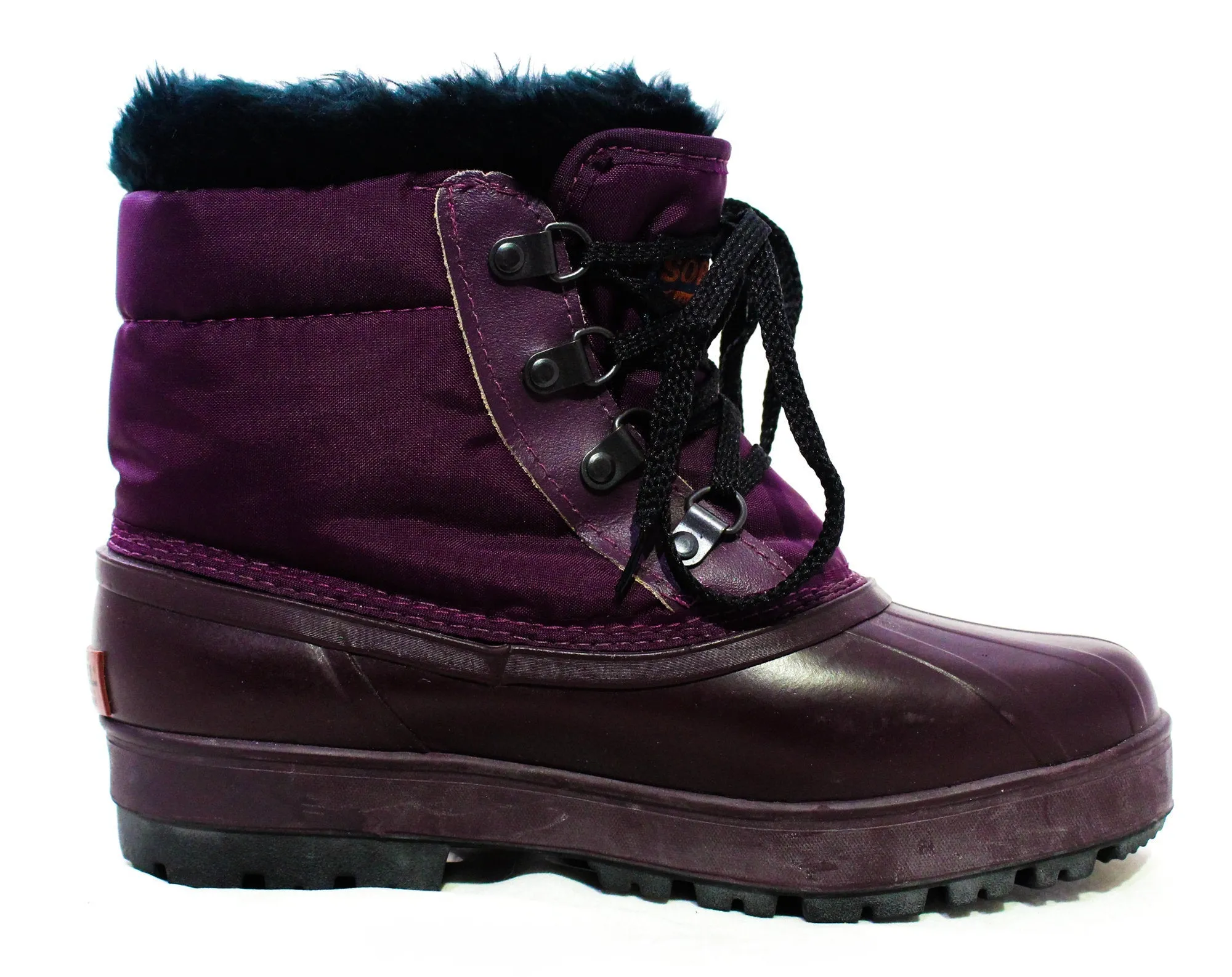 Size 7 Sorel Hiking Boots - 1990s Unworn Deadstock - Purple Canvas & Waterproof Rubber - Black Faux Fleece 90s Winter Wilderness Footwear