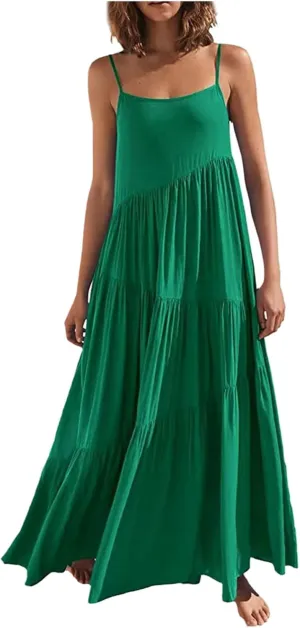 Sling Dresses for Women Summer Swing Tiered Loose Fit Solid Ruffle Asymmetric Hem Boho Dress Resort Wear