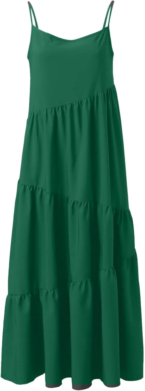 Sling Dresses for Women Summer Swing Tiered Loose Fit Solid Ruffle Asymmetric Hem Boho Dress Resort Wear