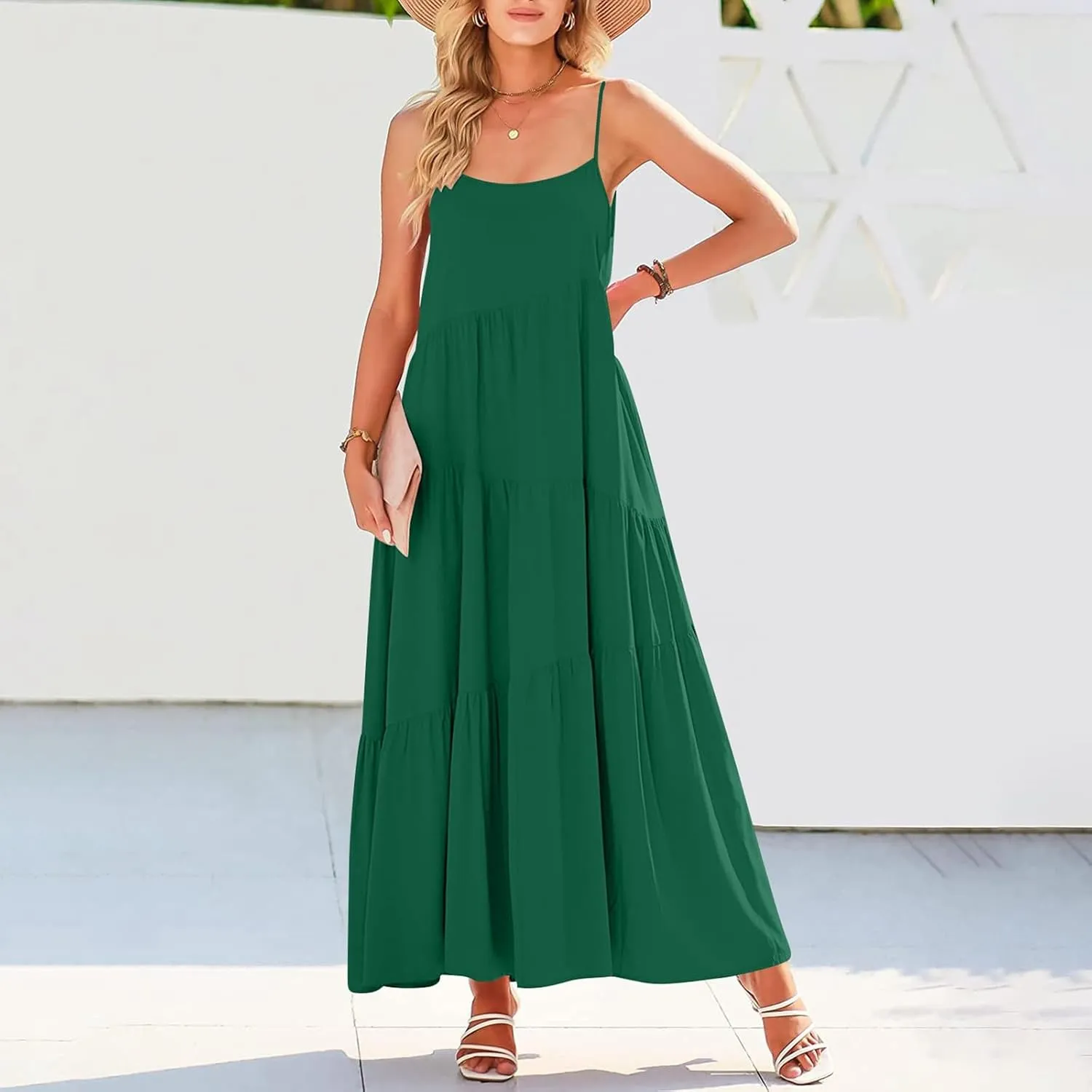 Sling Dresses for Women Summer Swing Tiered Loose Fit Solid Ruffle Asymmetric Hem Boho Dress Resort Wear