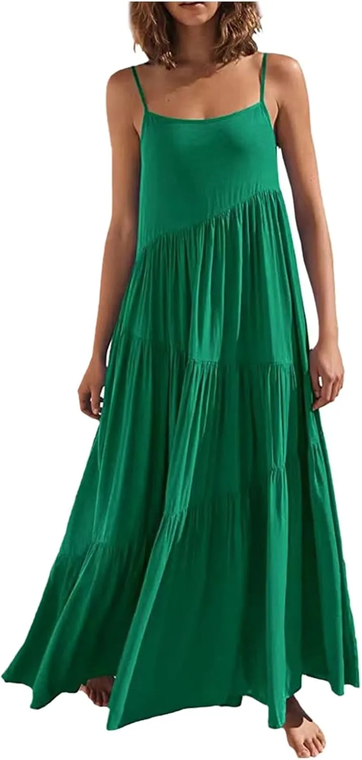 Sling Dresses for Women Summer Swing Tiered Loose Fit Solid Ruffle Asymmetric Hem Boho Dress Resort Wear