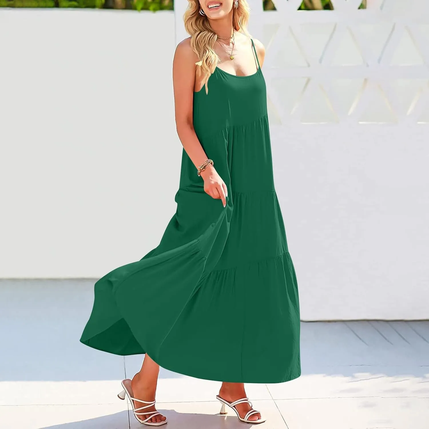 Sling Dresses for Women Summer Swing Tiered Loose Fit Solid Ruffle Asymmetric Hem Boho Dress Resort Wear