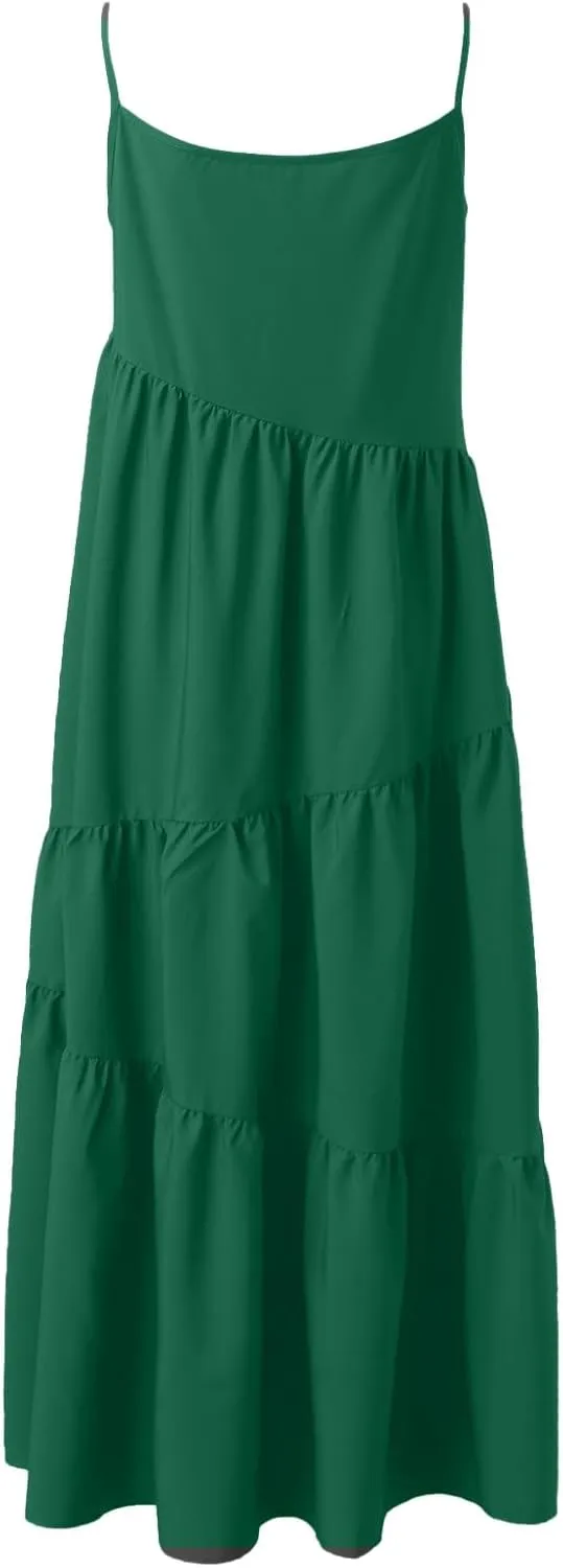 Sling Dresses for Women Summer Swing Tiered Loose Fit Solid Ruffle Asymmetric Hem Boho Dress Resort Wear