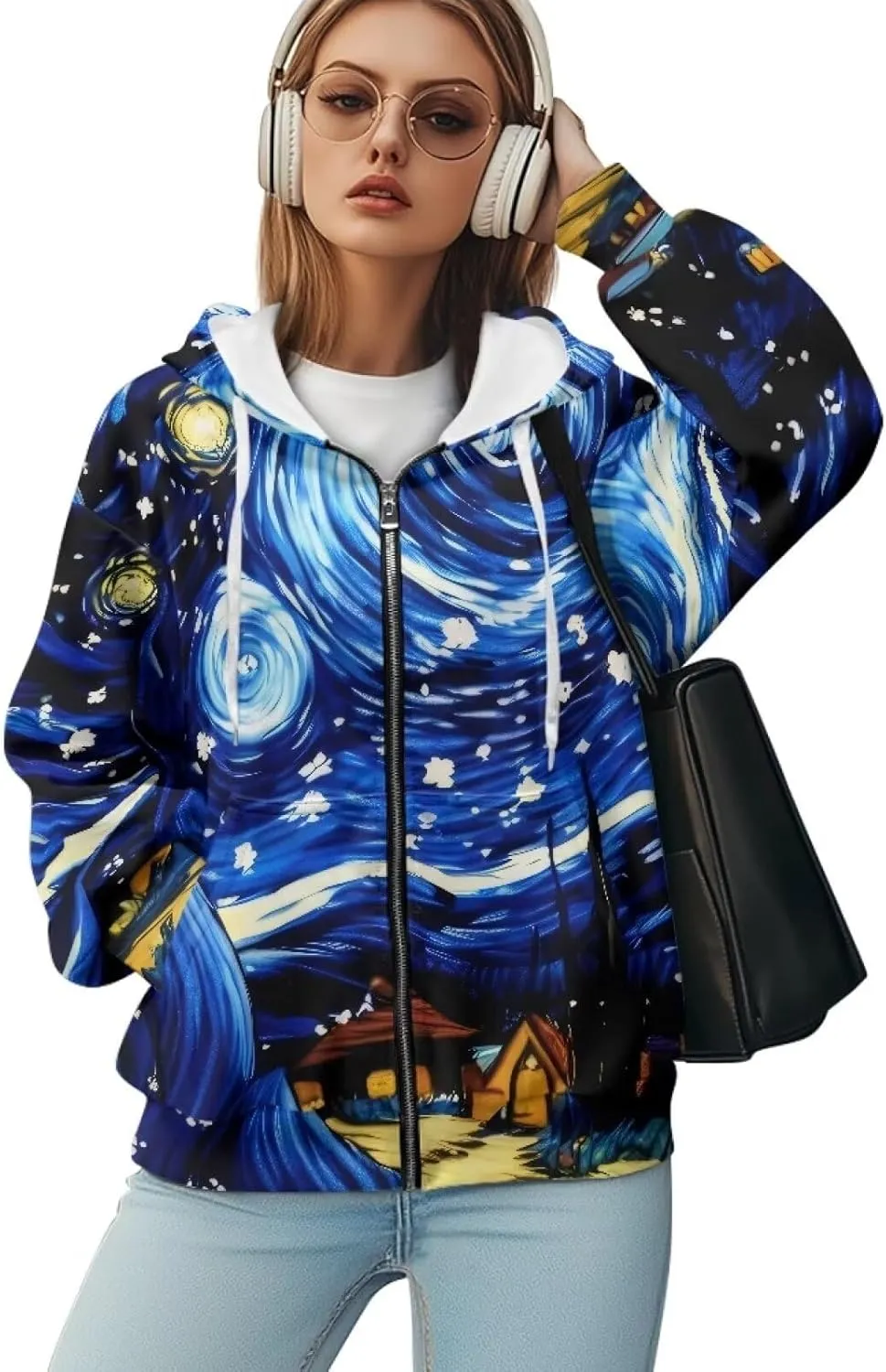 Starry Night Painting Women Full Zip-Up Hoodies 3D Print Graphic Sweatshirts Cool Novelty Hooded Hoodie
