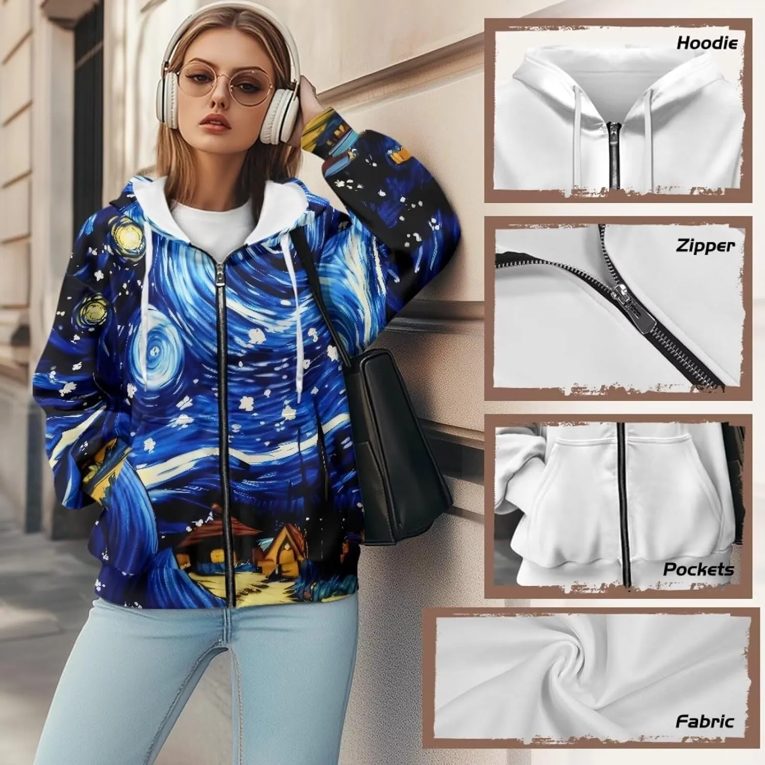 Starry Night Painting Women Full Zip-Up Hoodies 3D Print Graphic Sweatshirts Cool Novelty Hooded Hoodie