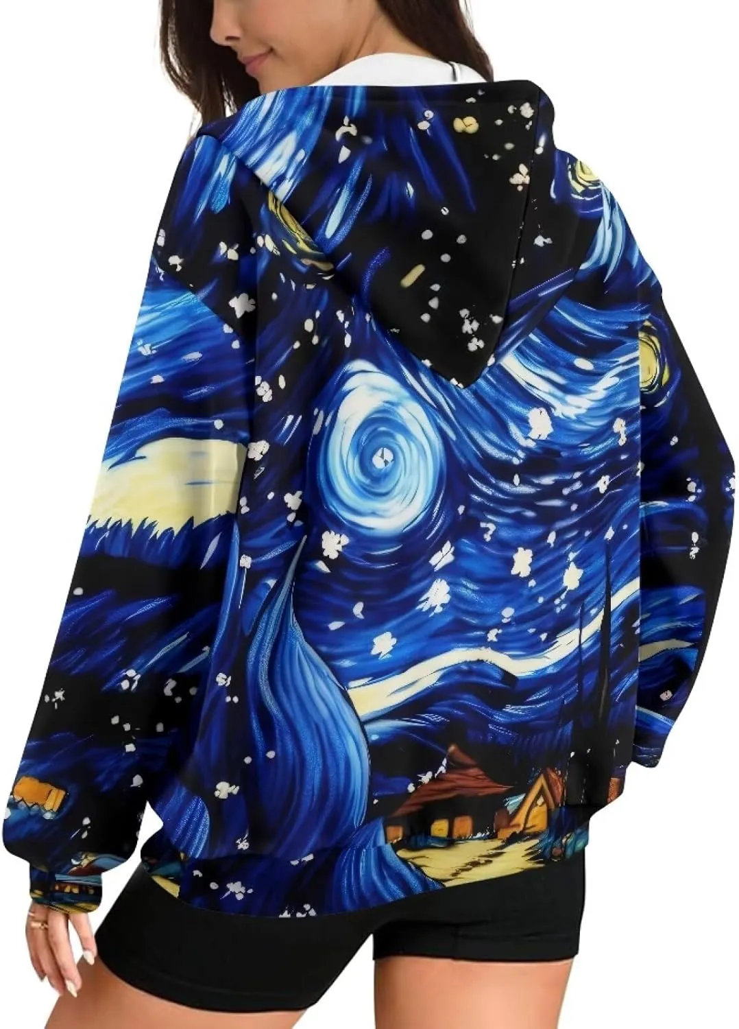 Starry Night Painting Women Full Zip-Up Hoodies 3D Print Graphic Sweatshirts Cool Novelty Hooded Hoodie