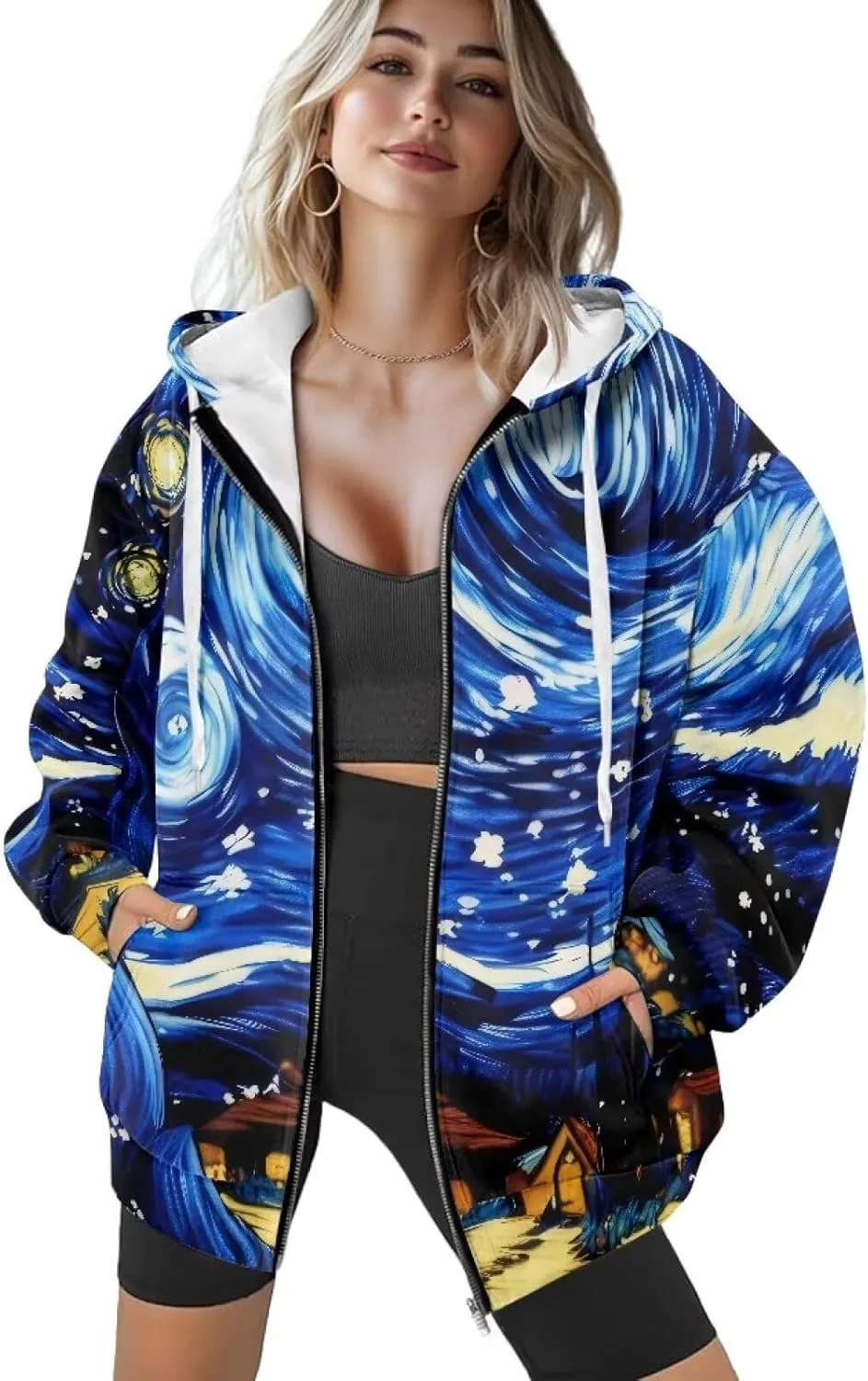 Starry Night Painting Women Full Zip-Up Hoodies 3D Print Graphic Sweatshirts Cool Novelty Hooded Hoodie