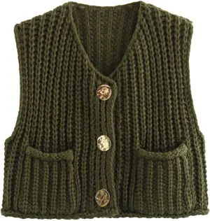 Sumleno Womens Trendy Knit Sweater Vest Solid Button Down Chunky Sleeveless Crochet Cardigan Y2k Crop Tank Tops Streetwear