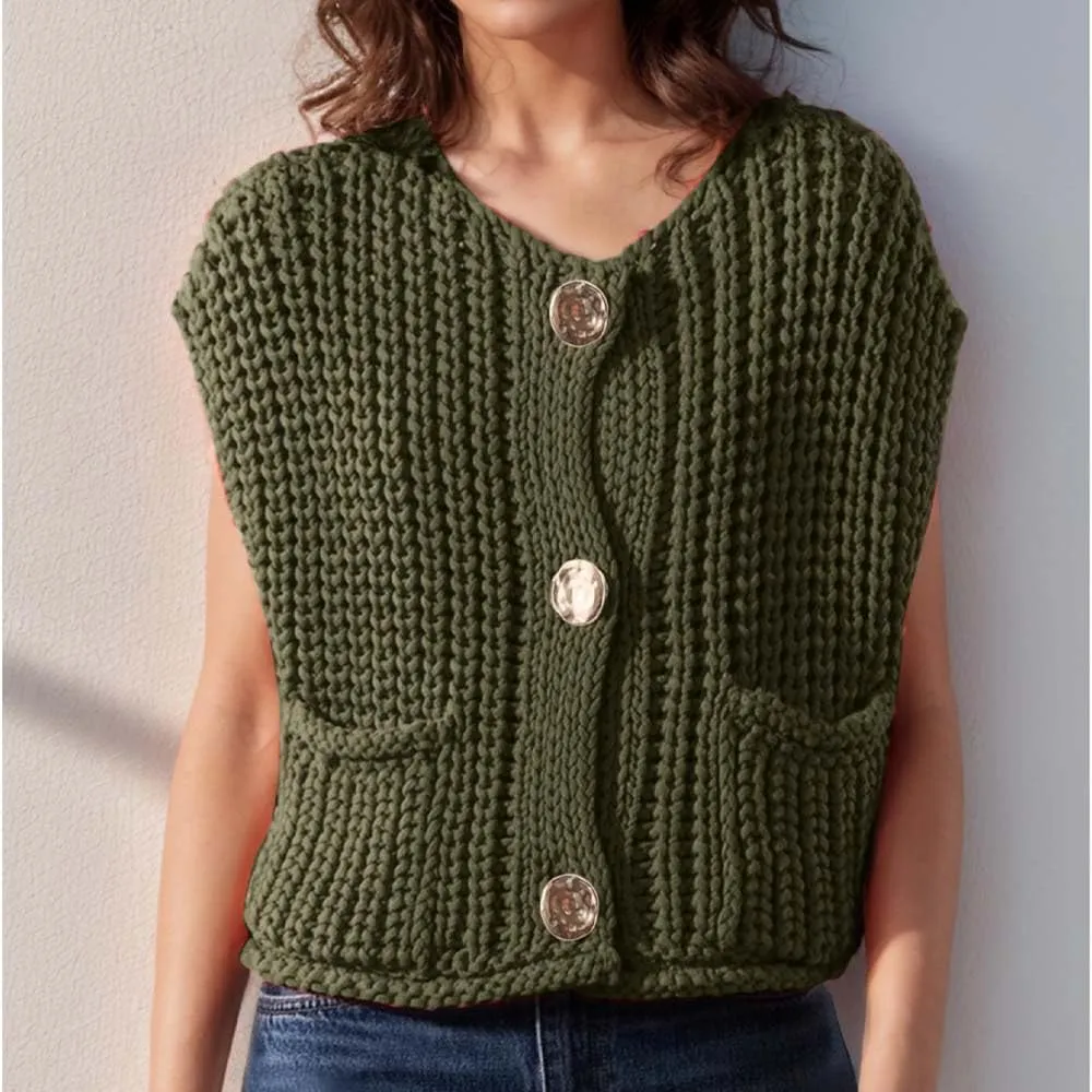 Sumleno Womens Trendy Knit Sweater Vest Solid Button Down Chunky Sleeveless Crochet Cardigan Y2k Crop Tank Tops Streetwear