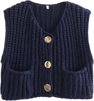 Sumleno Womens Trendy Knit Sweater Vest Solid Button Down Chunky Sleeveless Crochet Cardigan Y2k Crop Tank Tops Streetwear