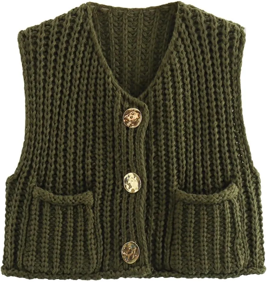 Sumleno Womens Trendy Knit Sweater Vest Solid Button Down Chunky Sleeveless Crochet Cardigan Y2k Crop Tank Tops Streetwear