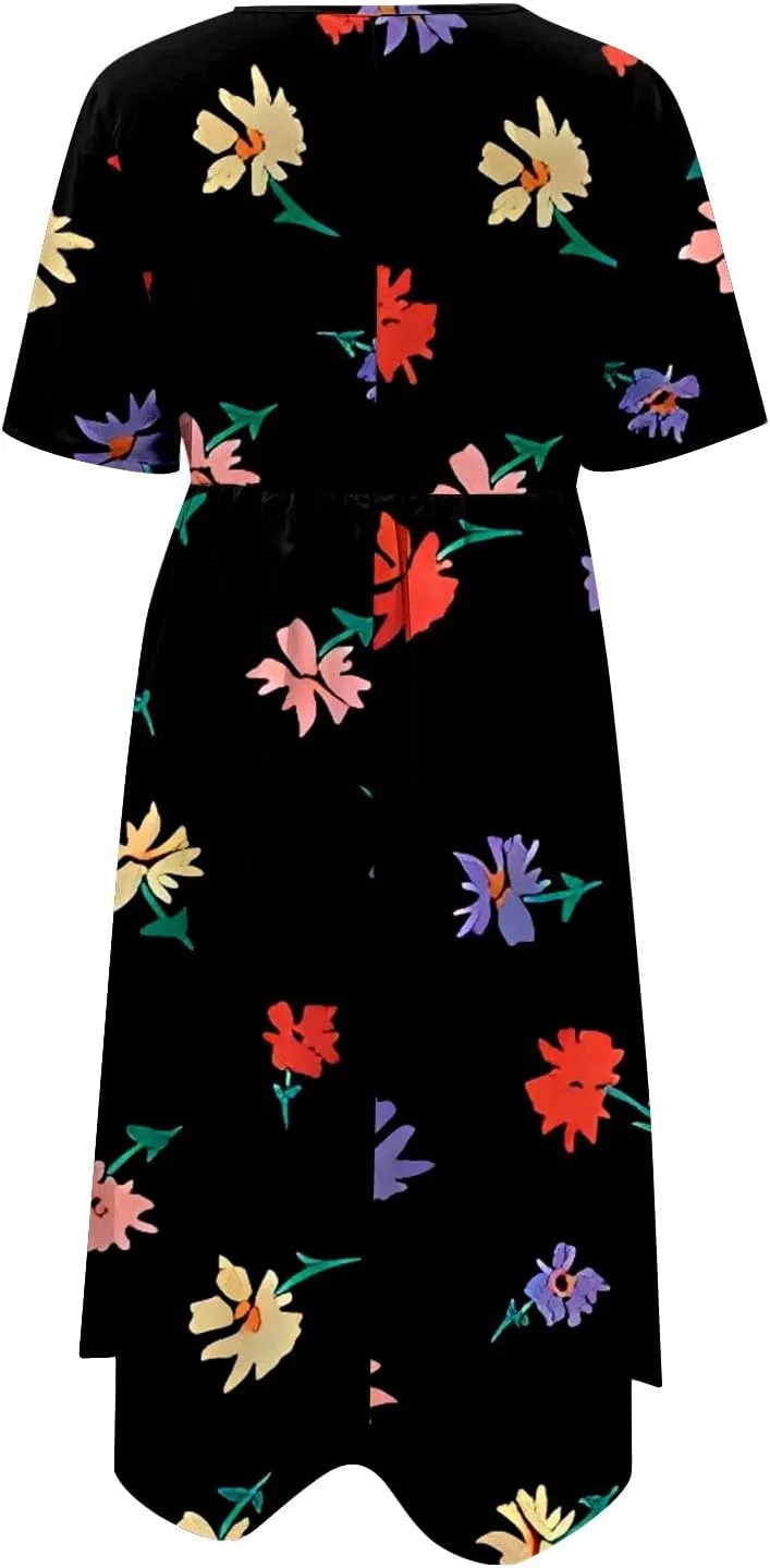 Summer Dresses for Women 2025 Casual Short Sleeve Floral Tshirt Dress Loose Boho Flowy Long Dresses with Pockets
