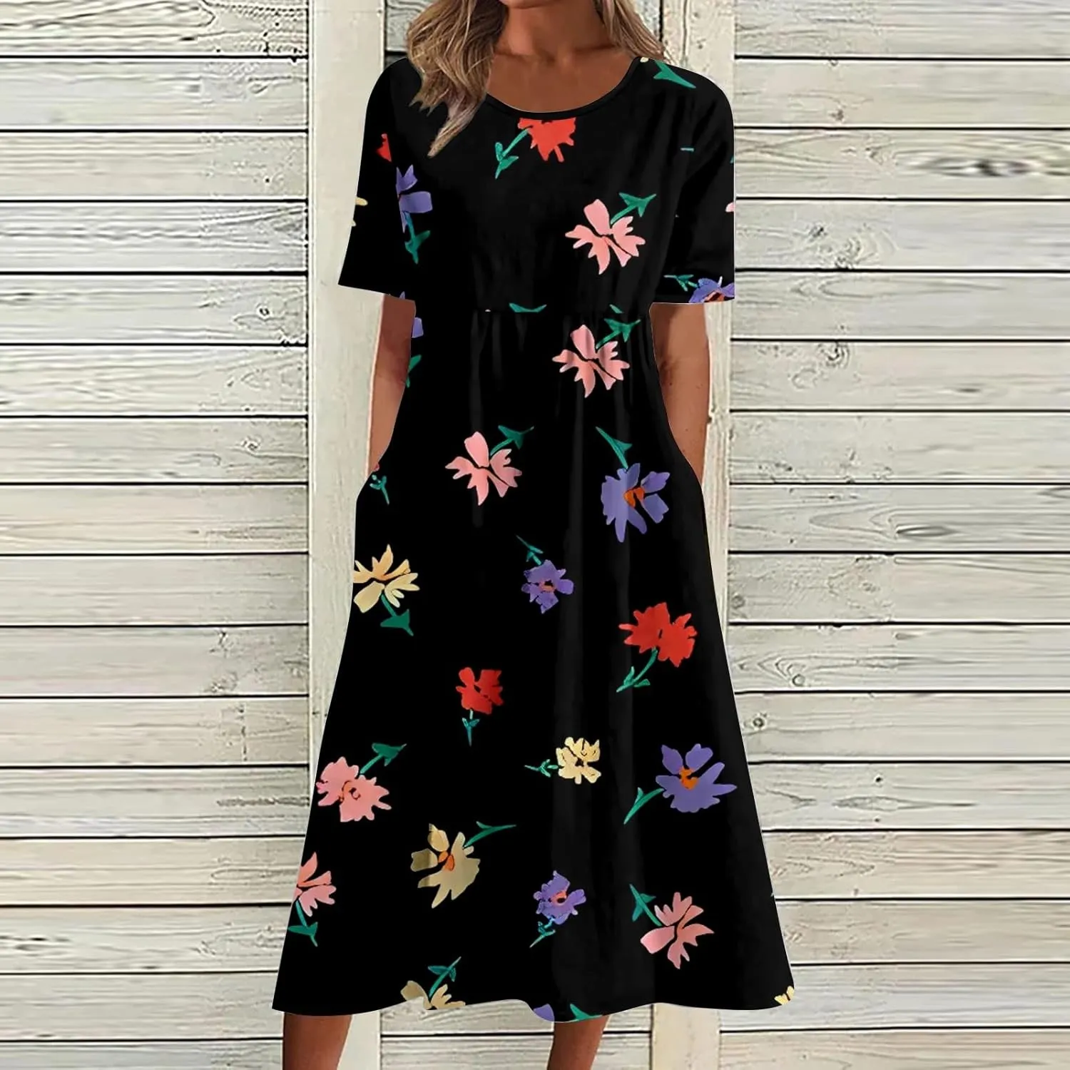 Summer Dresses for Women 2025 Casual Short Sleeve Floral Tshirt Dress Loose Boho Flowy Long Dresses with Pockets