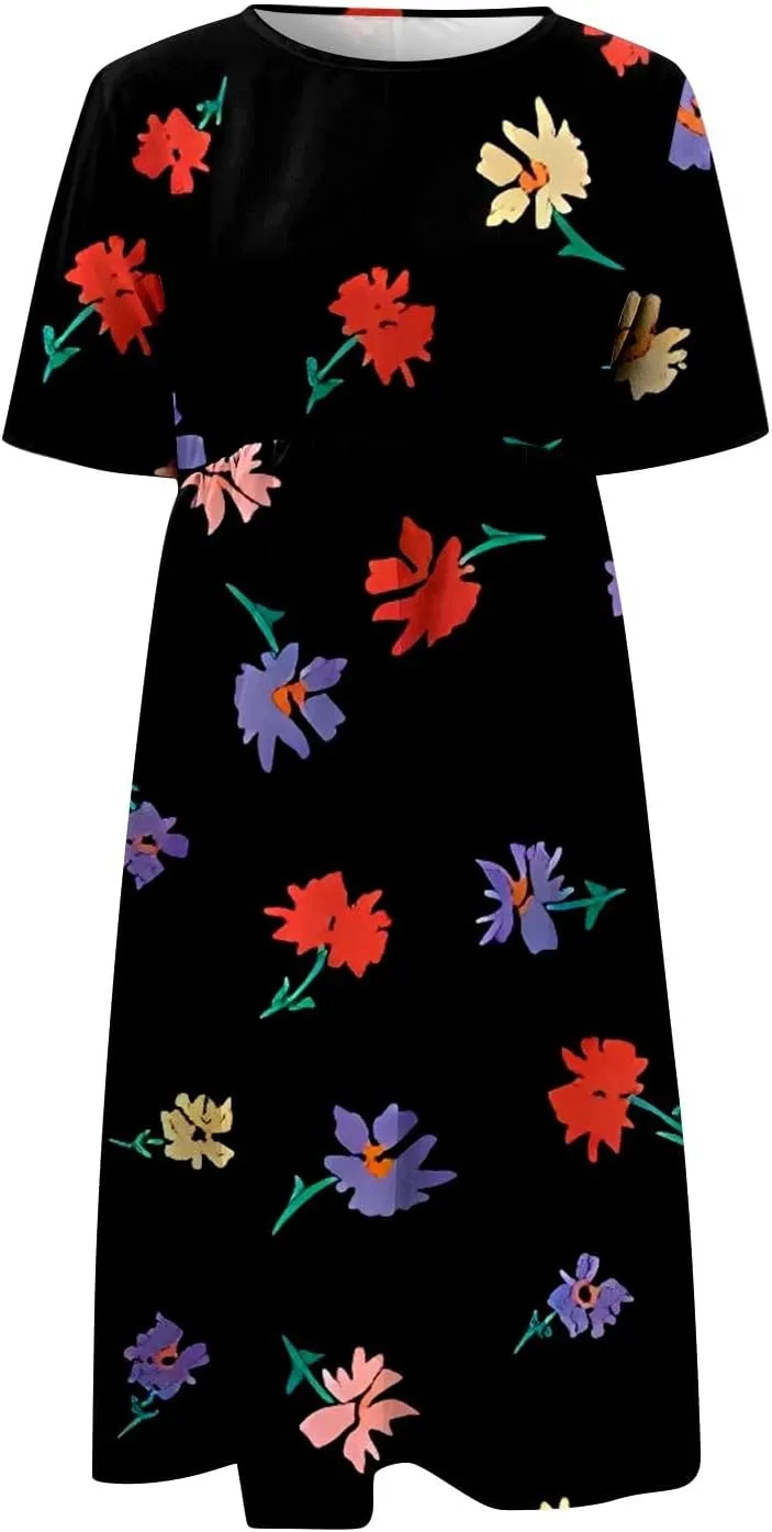 Summer Dresses for Women 2025 Casual Short Sleeve Floral Tshirt Dress Loose Boho Flowy Long Dresses with Pockets
