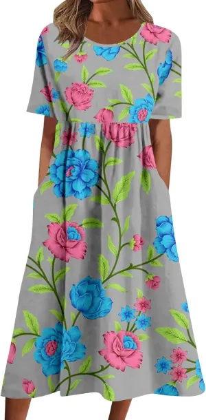 Summer Dresses for Women 2025 Casual Short Sleeve Floral Tshirt Dress Loose Boho Flowy Long Dresses with Pockets