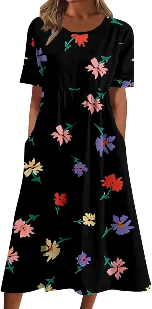 Summer Dresses for Women 2025 Casual Short Sleeve Floral Tshirt Dress Loose Boho Flowy Long Dresses with Pockets
