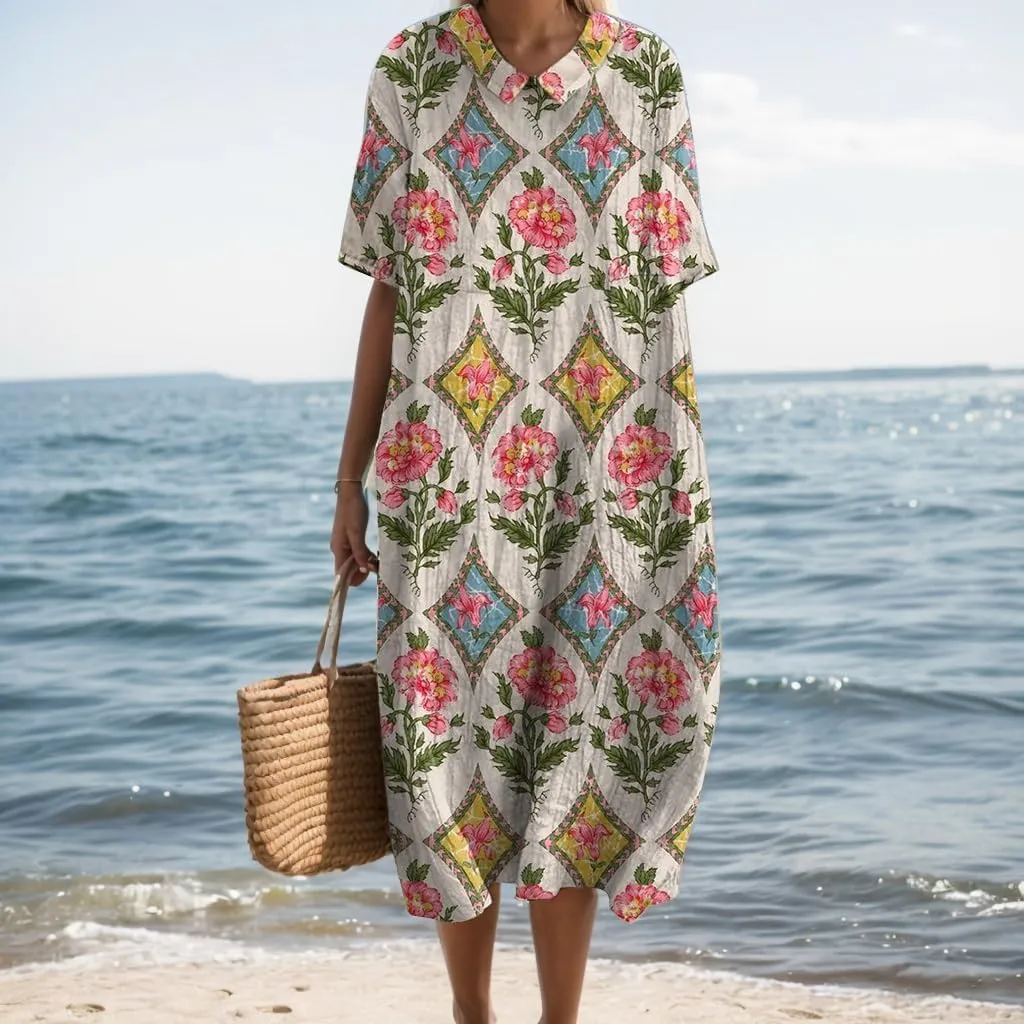 Summer Floral Maxi Dress, Women Casual Cotton Linen Boho Short Sleeve Crewneck Beach Flowy Vacation Dress with Pocket