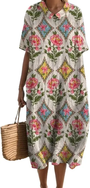 Summer Floral Maxi Dress, Women Casual Cotton Linen Boho Short Sleeve Crewneck Beach Flowy Vacation Dress with Pocket