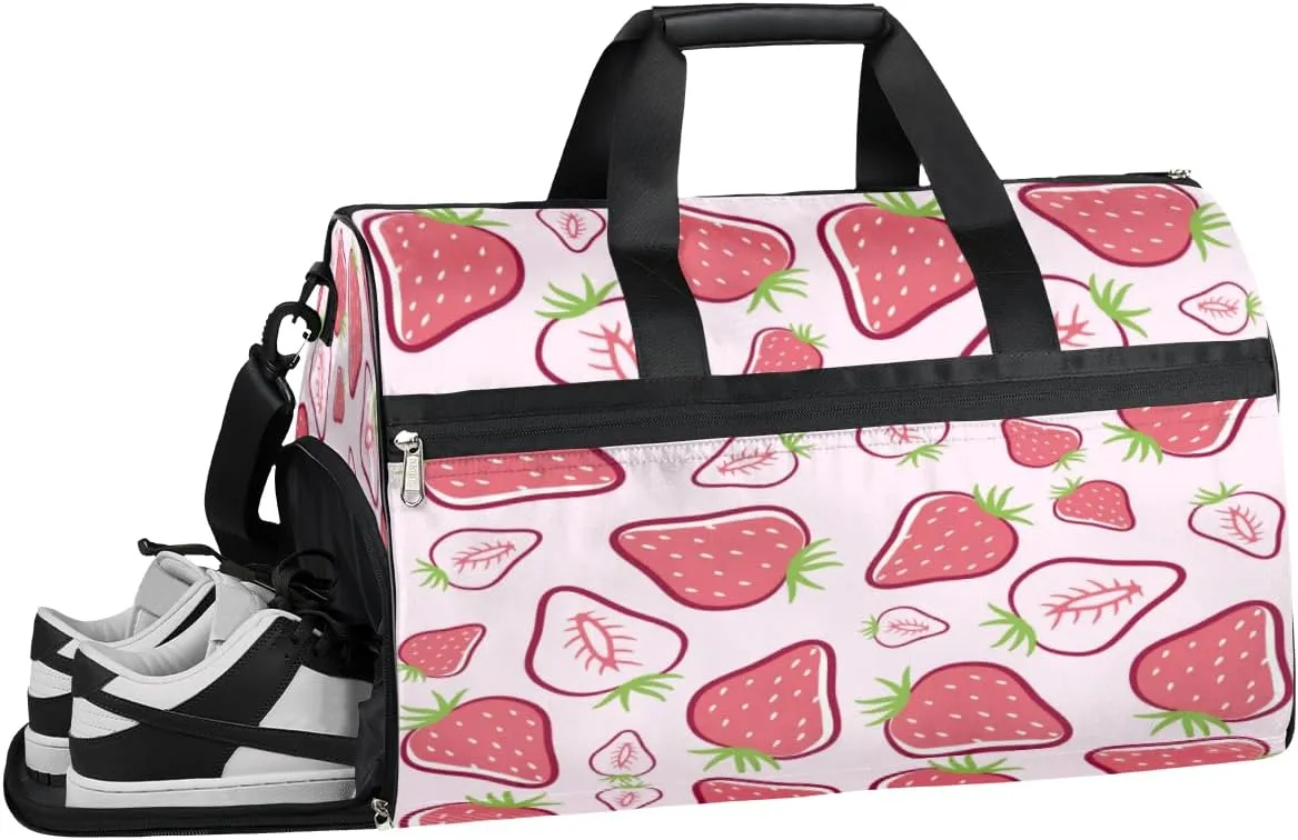 Summer Strawberry Sweet Sports Gym Bag with Wet Pocket & Shoes Compartment Waterproof Workout Duffel Bag for Women and Men Weekender Overnight Duffle Bag Travel Carry-on Tote