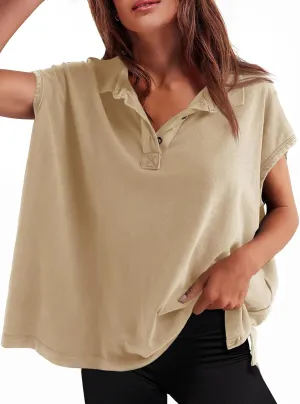 Tankaneo Womens Oversized Cap Sleeve Polo Shirts Summer Casual V Neck Tops Loose Fit Collared Cotton Tee Shirts