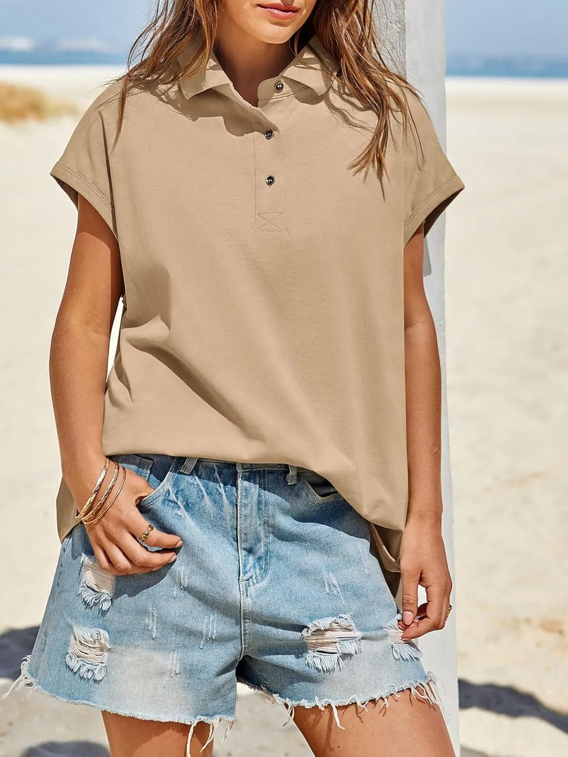 Tankaneo Womens Oversized Cap Sleeve Polo Shirts Summer Casual V Neck Tops Loose Fit Collared Cotton Tee Shirts