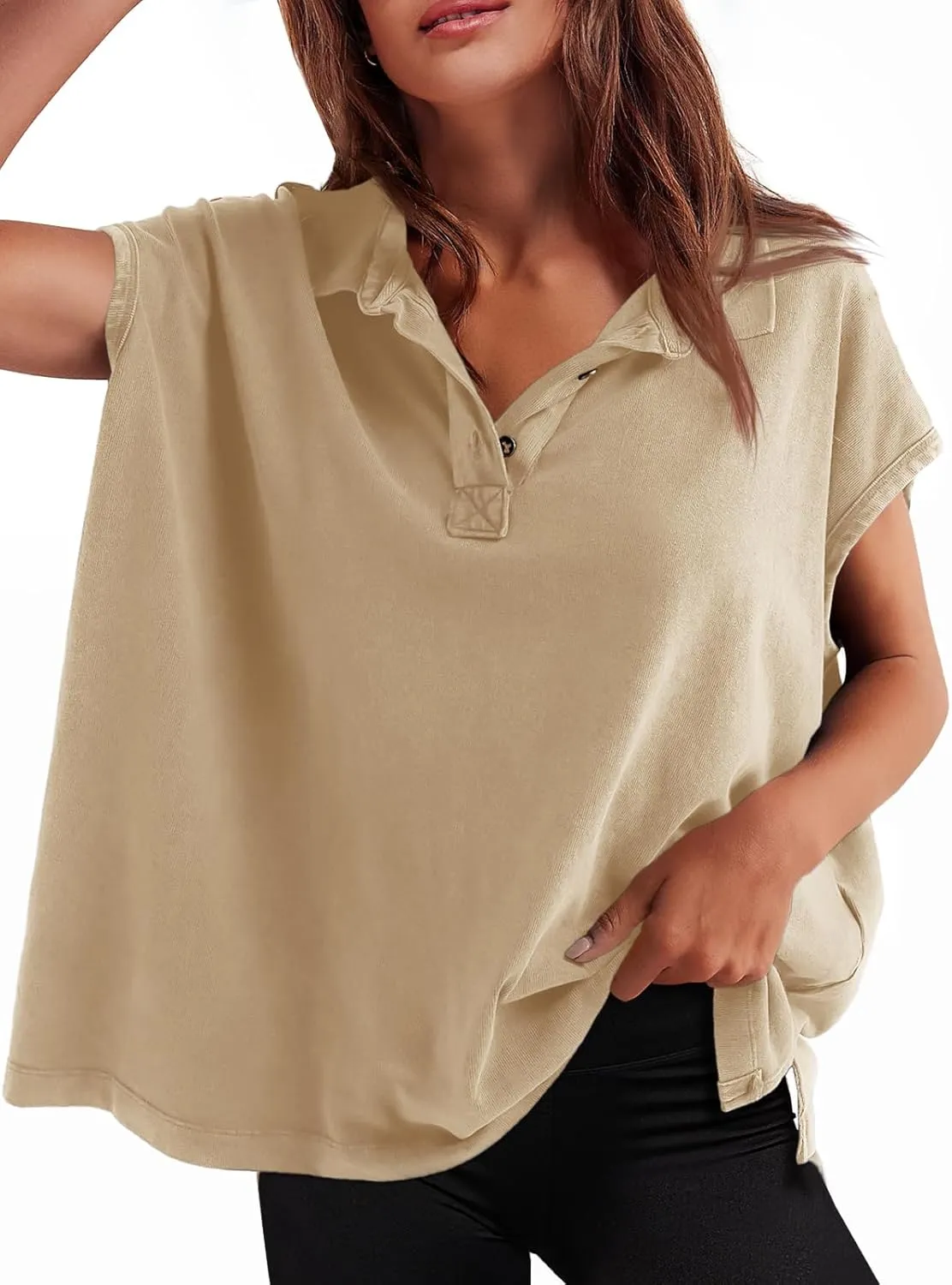 Tankaneo Womens Oversized Cap Sleeve Polo Shirts Summer Casual V Neck Tops Loose Fit Collared Cotton Tee Shirts