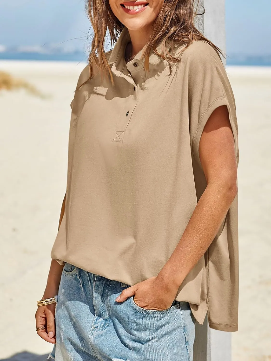 Tankaneo Womens Oversized Cap Sleeve Polo Shirts Summer Casual V Neck Tops Loose Fit Collared Cotton Tee Shirts