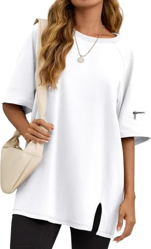 Tankaneo Womens Oversized Workout Tshirts Split Hem Raglan Short Sleeve Tops Summer Casual Loose Fit Tee Shirt