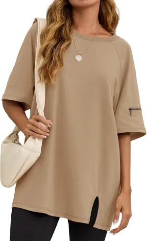 Tankaneo Womens Oversized Workout Tshirts Split Hem Raglan Short Sleeve Tops Summer Casual Loose Fit Tee Shirt
