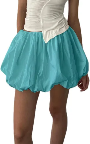UAURORAO Women Y2k Bubble Skirts High Waist Pleated Ruffle Hem Short Skirts Teen Girls Puffy A Lined Mini Short Skirts