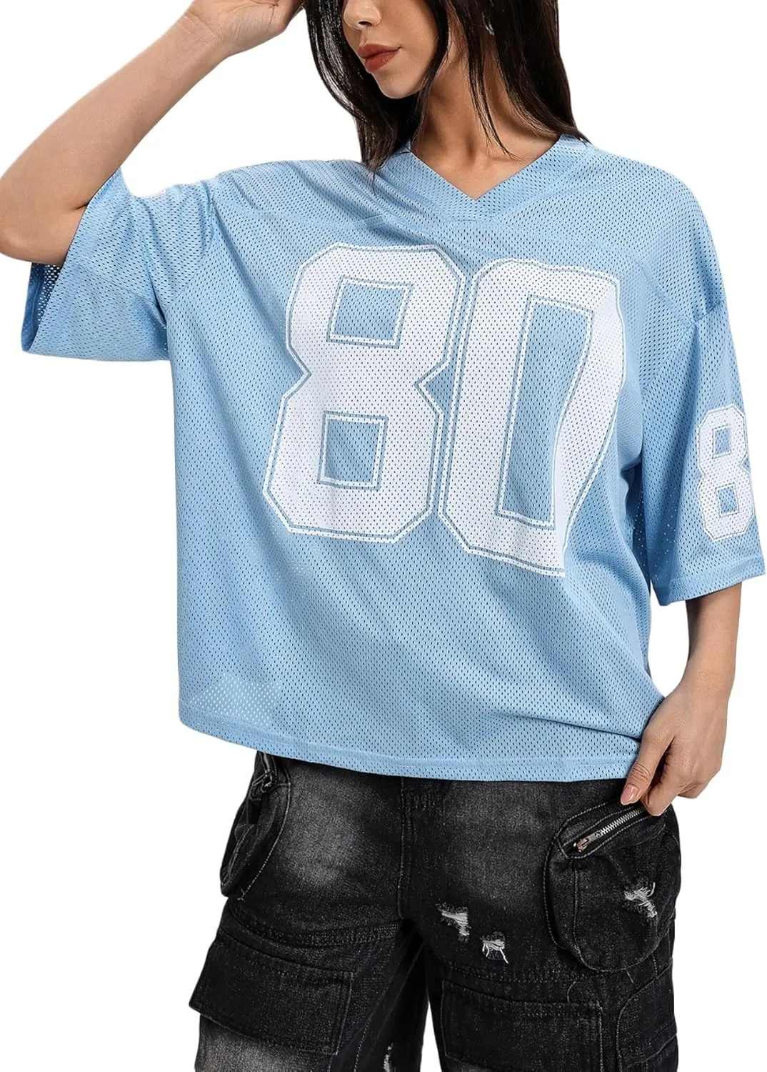 Verdusa Women's Oversized Y2K Mesh Number Graphic Shirts V Neck Letter Print Jersey Tee Tops