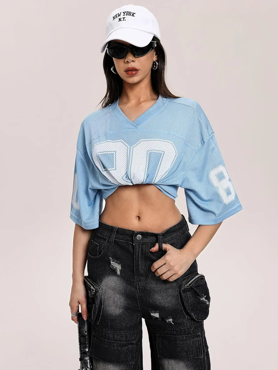 Verdusa Women's Oversized Y2K Mesh Number Graphic Shirts V Neck Letter Print Jersey Tee Tops