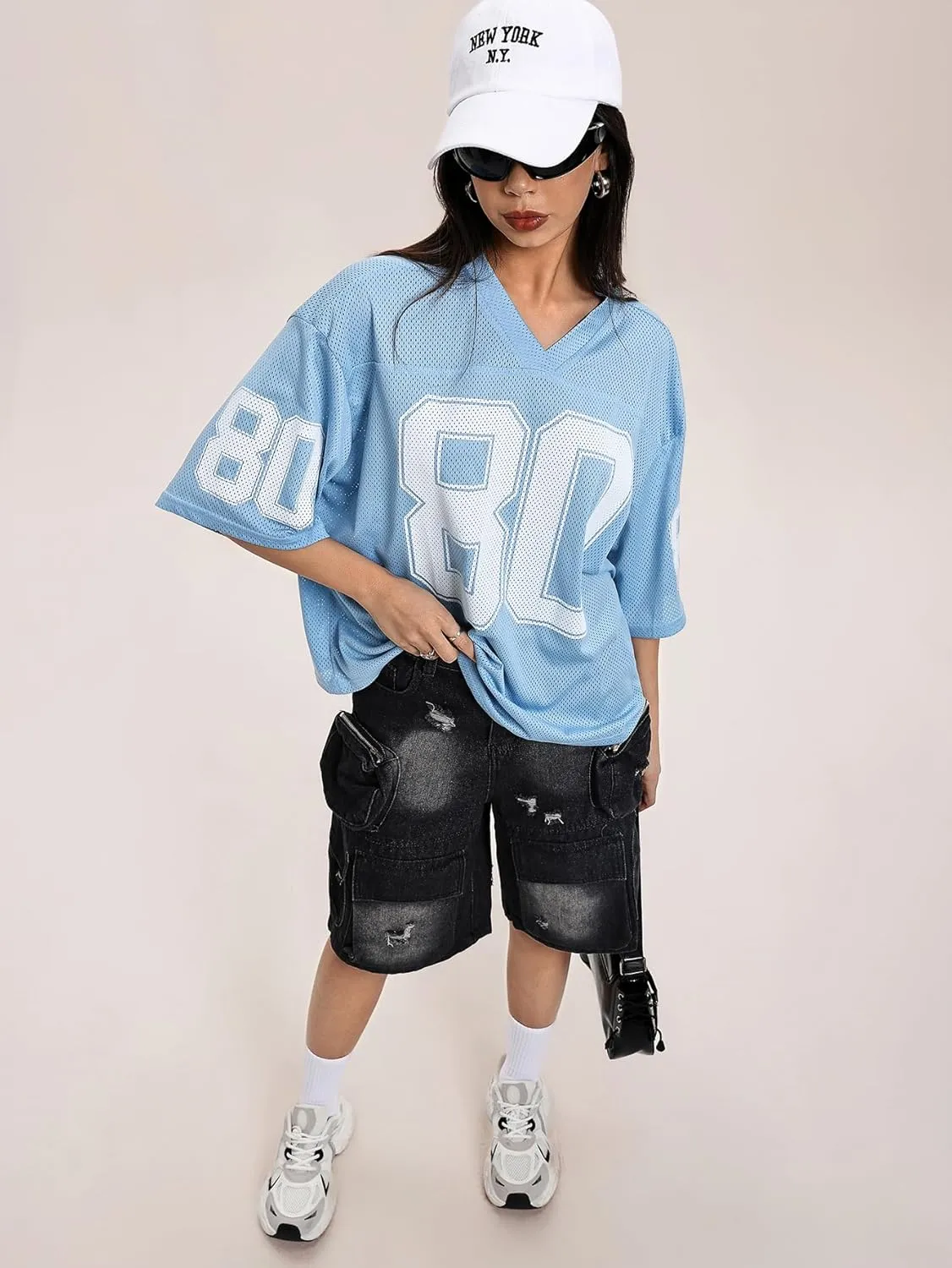 Verdusa Women's Oversized Y2K Mesh Number Graphic Shirts V Neck Letter Print Jersey Tee Tops