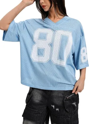 Verdusa Women's Oversized Y2K Mesh Number Graphic Shirts V Neck Letter Print Jersey Tee Tops