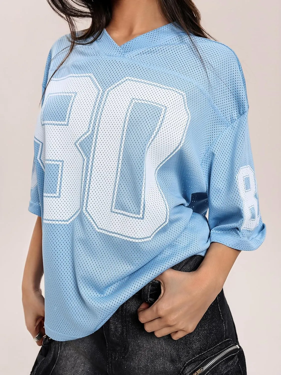 Verdusa Women's Oversized Y2K Mesh Number Graphic Shirts V Neck Letter Print Jersey Tee Tops