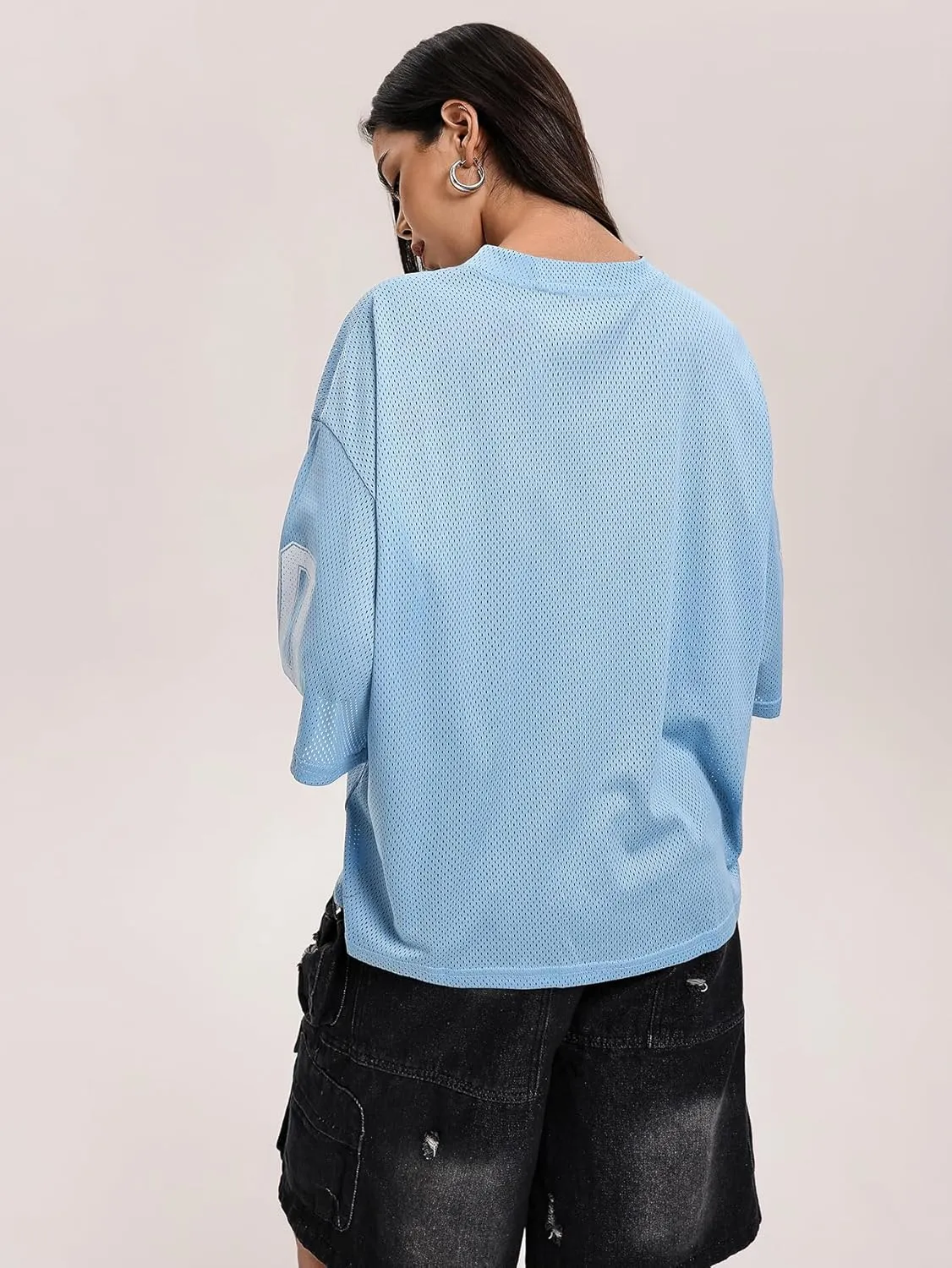 Verdusa Women's Oversized Y2K Mesh Number Graphic Shirts V Neck Letter Print Jersey Tee Tops