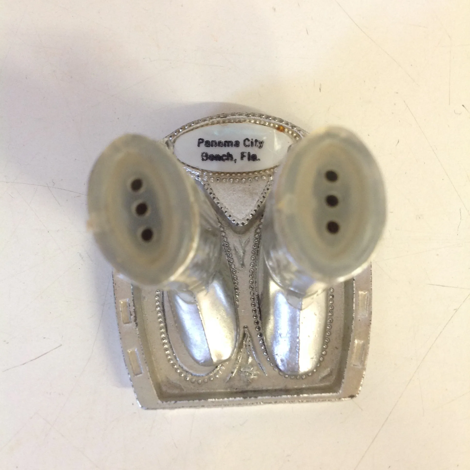 Vintage Souvenir Panama City Beach Florida Silvertone Salt and Pepper Shaker Set with Stand