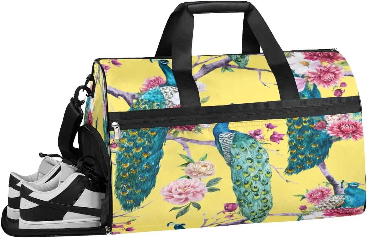 Watercolour Peacock Sports Gym Bag with Wet Pocket & Shoes Compartment Waterproof Workout Duffel Bag for Women and Men Weekender Overnight Duffle Bag Travel Carry-on Tote