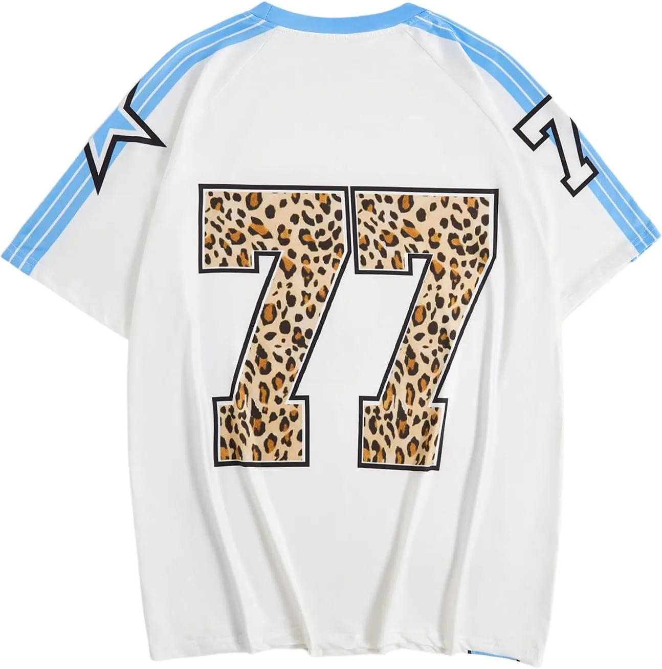 WDIRARA Women's Leopard Number Print Jerseys Oversized Colorblock Drop Shoulder Crew Neck Short Sleeve T-Shirt