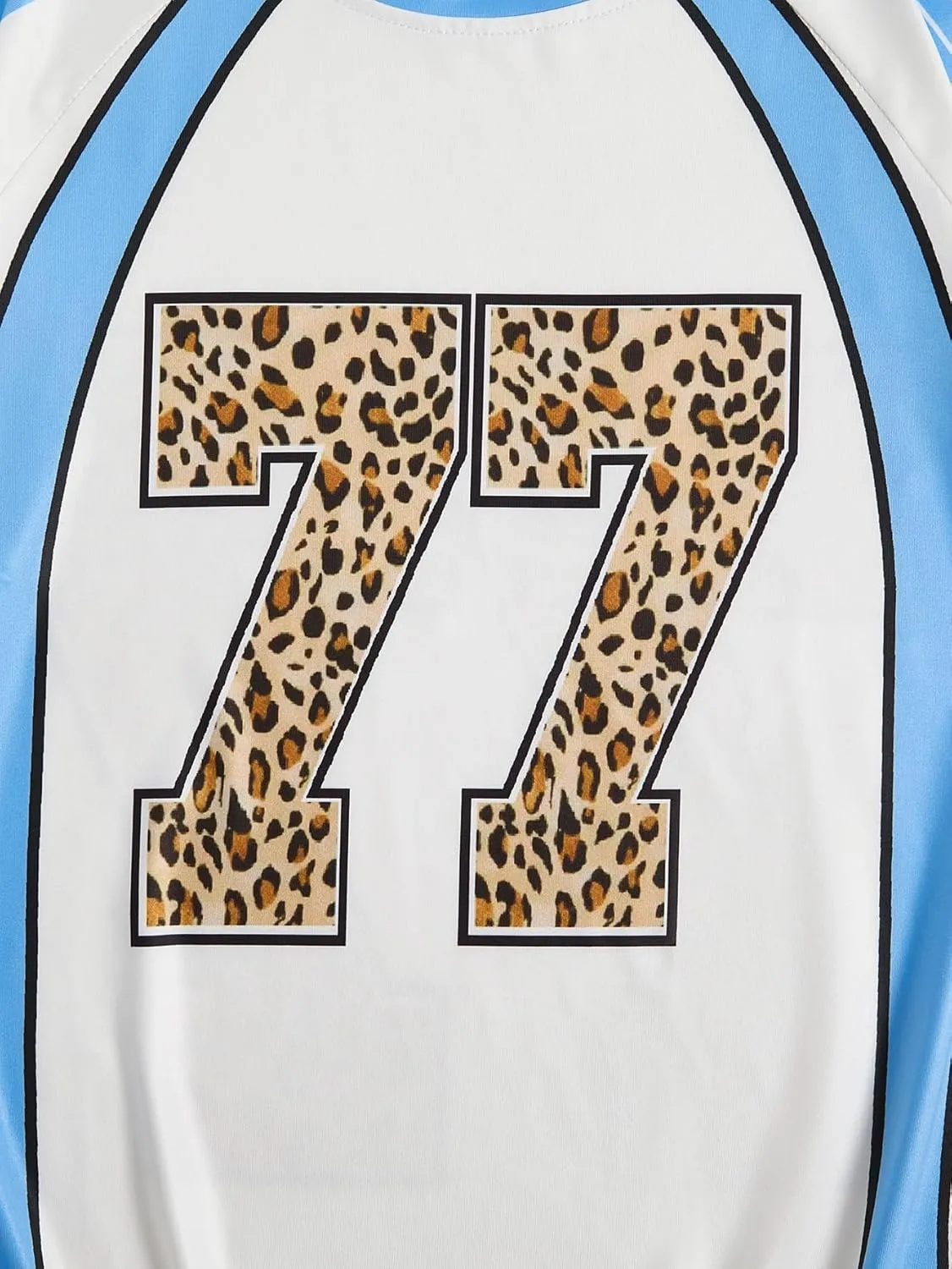 WDIRARA Women's Leopard Number Print Jerseys Oversized Colorblock Drop Shoulder Crew Neck Short Sleeve T-Shirt