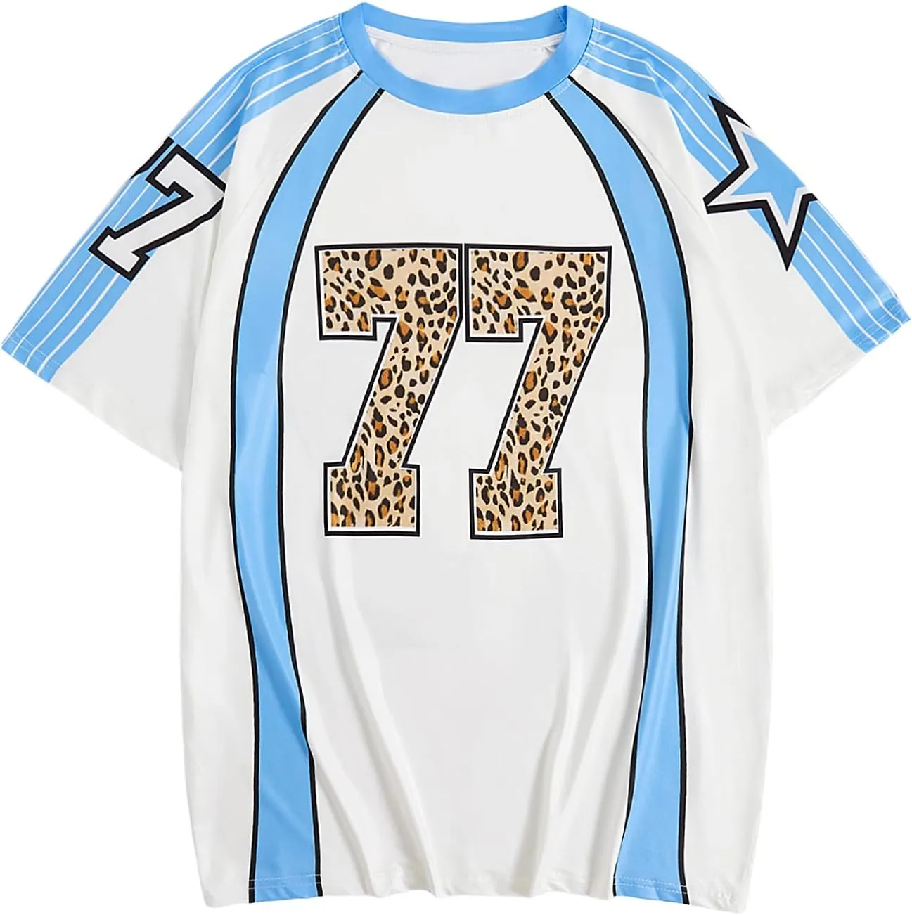 WDIRARA Women's Leopard Number Print Jerseys Oversized Colorblock Drop Shoulder Crew Neck Short Sleeve T-Shirt