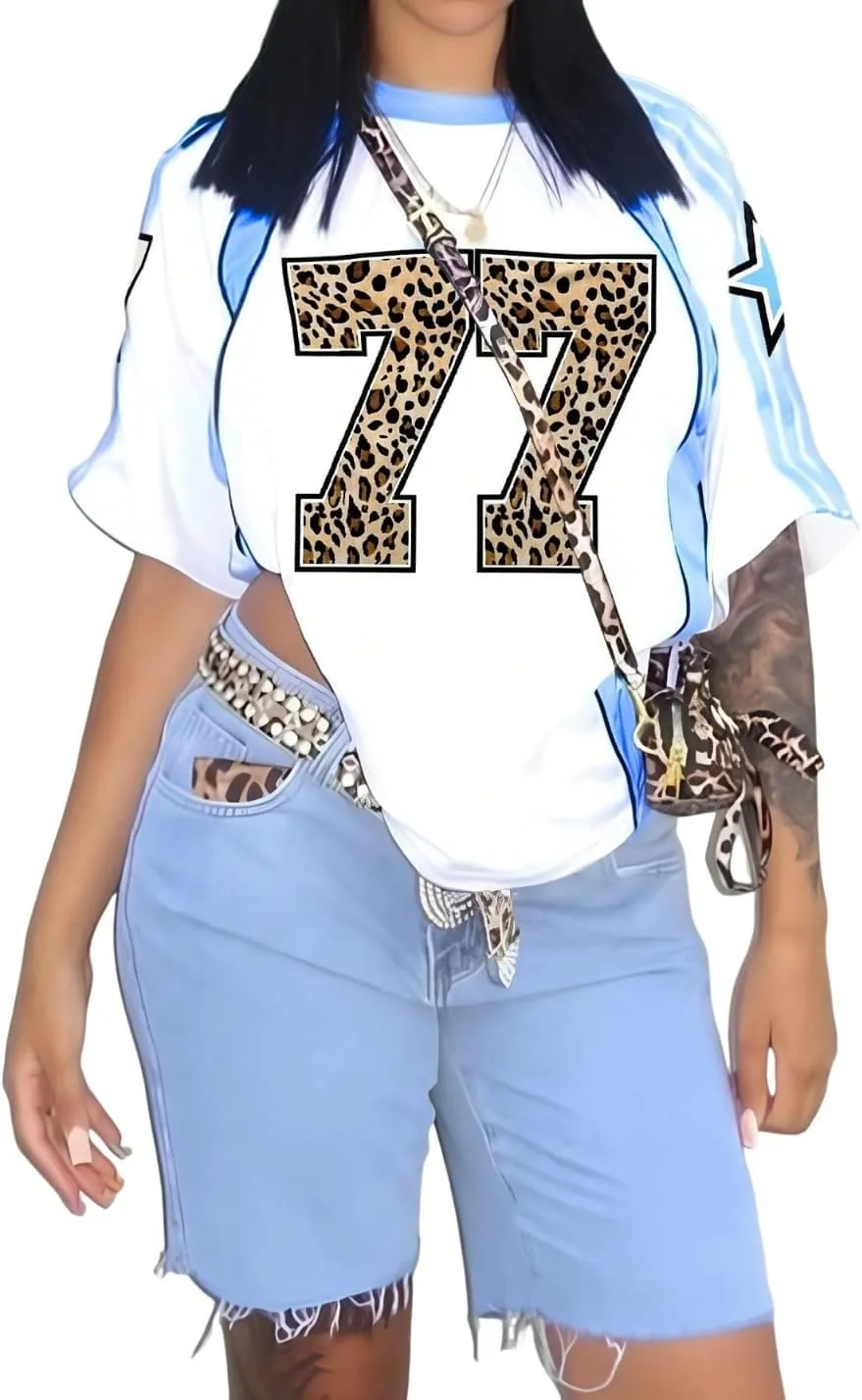 WDIRARA Women's Leopard Number Print Jerseys Oversized Colorblock Drop Shoulder Crew Neck Short Sleeve T-Shirt