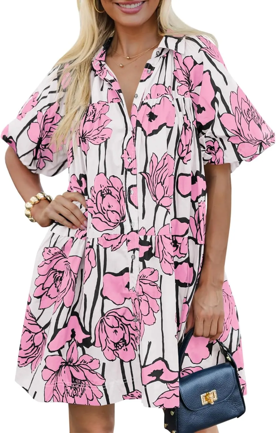 Wenrine Women's Summer Button Down Shirt Dress Floral Puff Short Sleeve Casual Loose Fit Beach Mini Dresses
