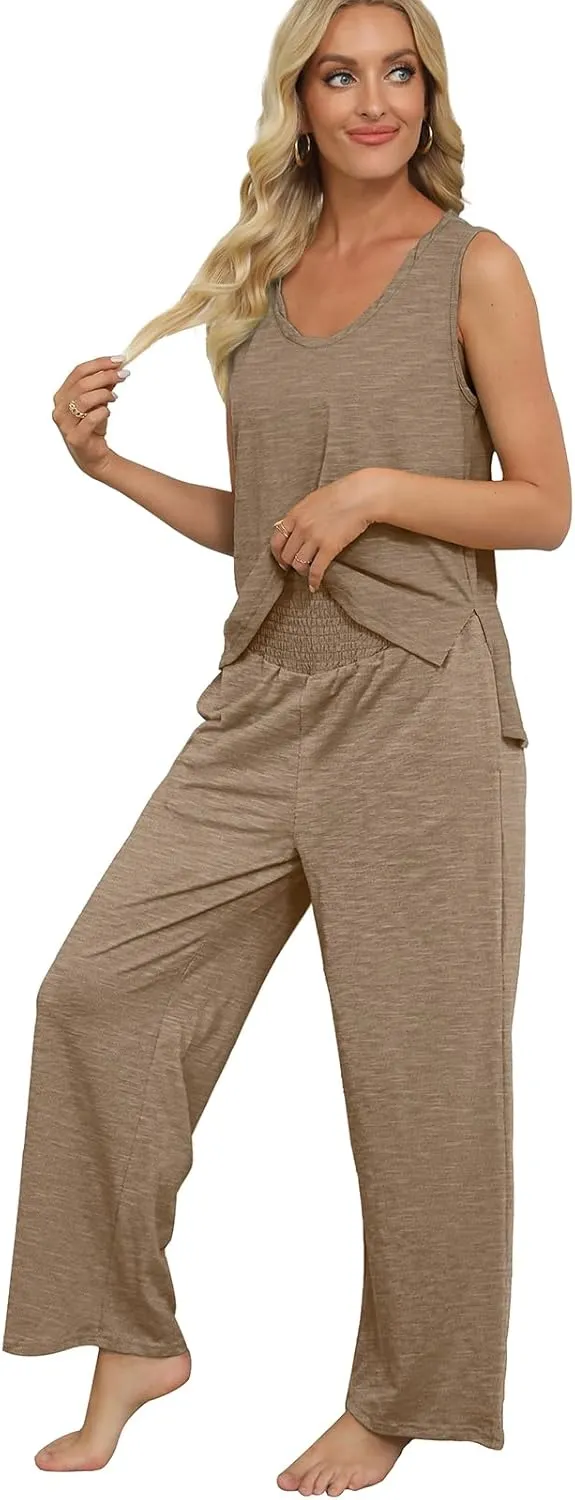 WIHOLL Womens Summer 2 Piece Outfits Sleeveless Tank Top Wide Leg Pants Set with Pockets Vacation Outfits