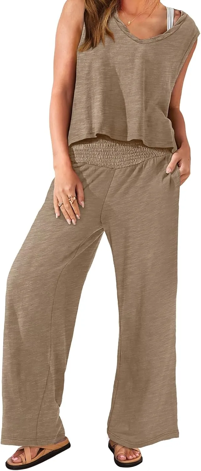 WIHOLL Womens Summer 2 Piece Outfits Sleeveless Tank Top Wide Leg Pants Set with Pockets Vacation Outfits