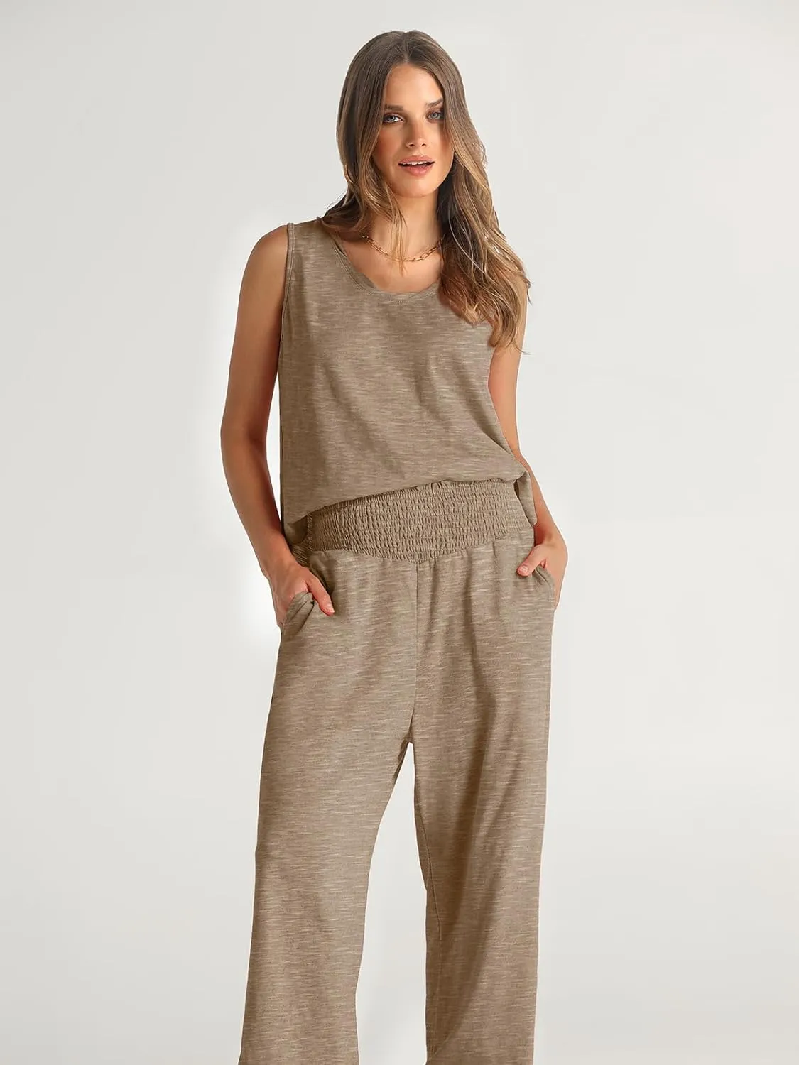 WIHOLL Womens Summer 2 Piece Outfits Sleeveless Tank Top Wide Leg Pants Set with Pockets Vacation Outfits